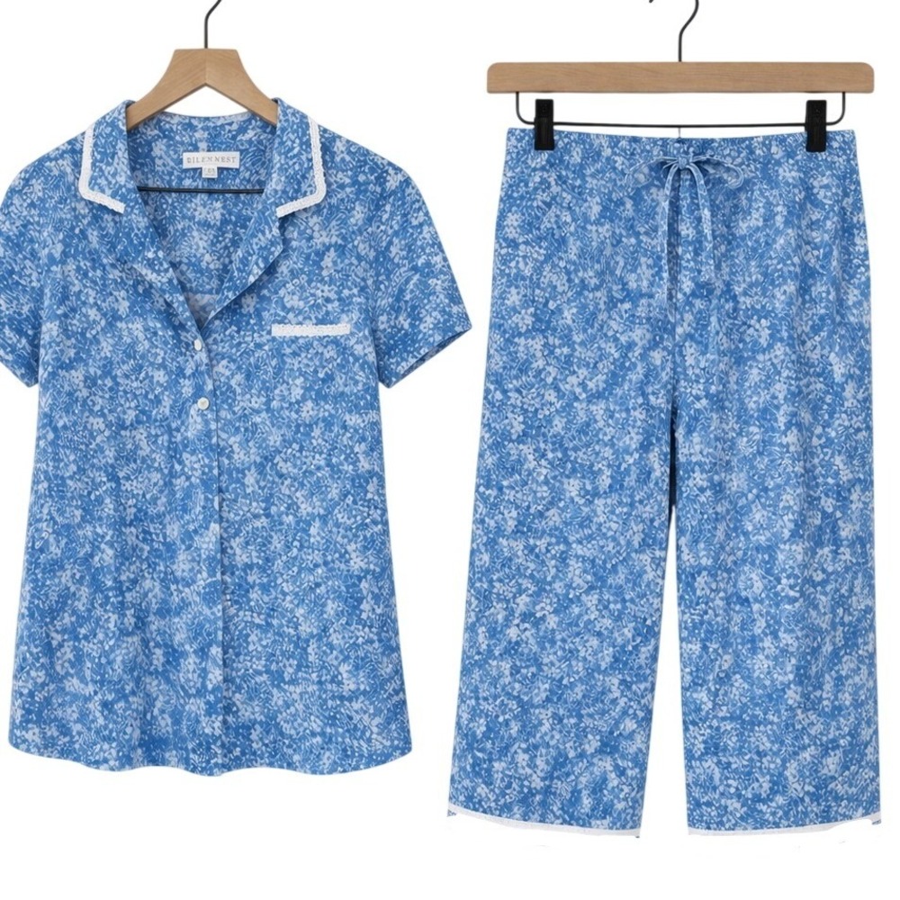 Eileen West Pajama Set Women XL Blue Floral Cotton Modal Lace Sleepwear